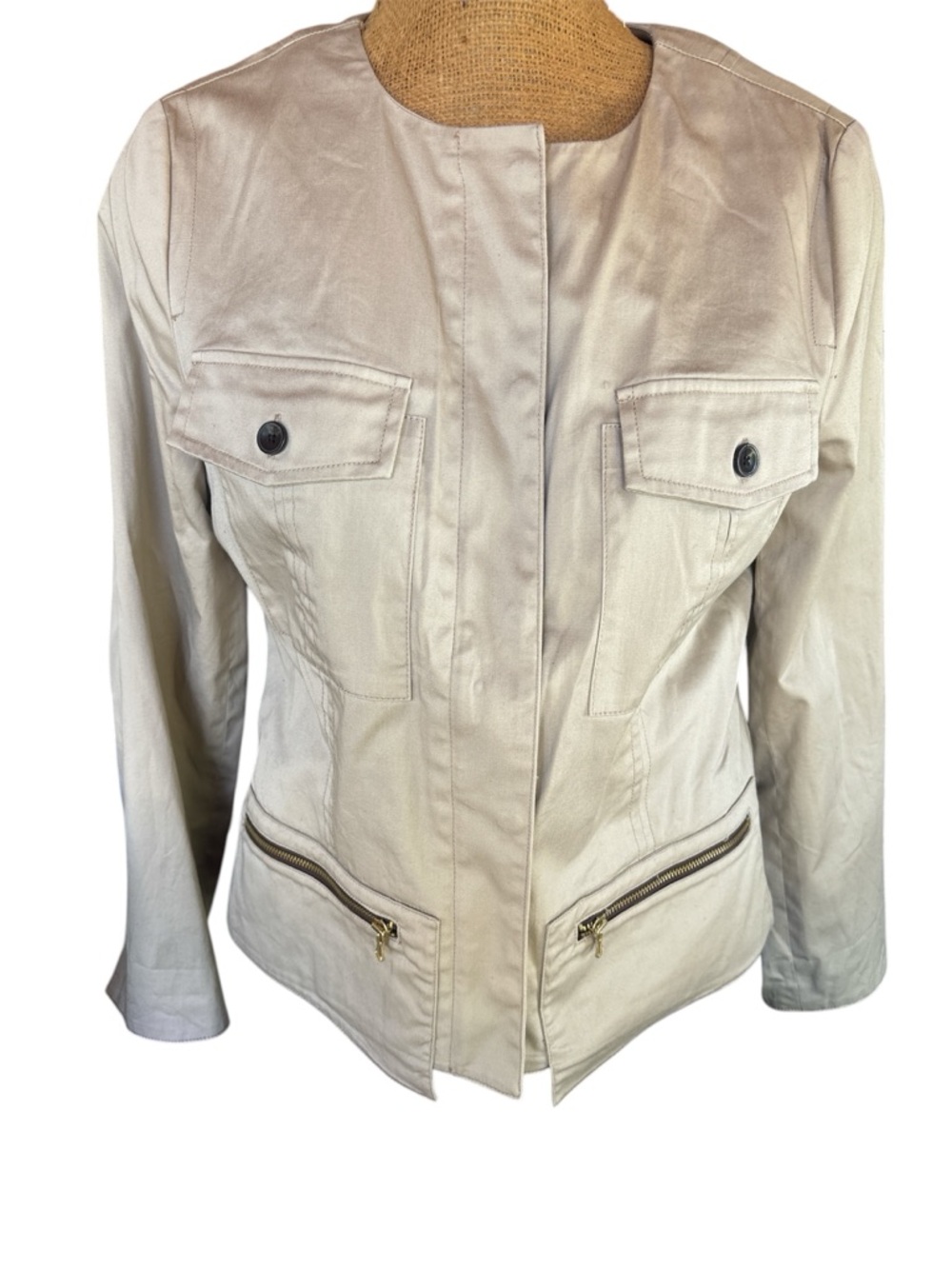 Chico's Light Cream Utility Jacket with Gold Zippers